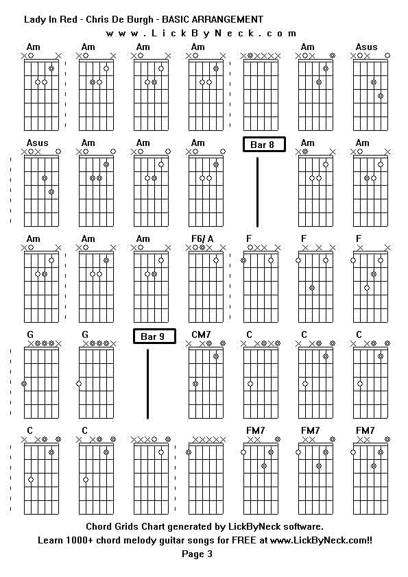 Chord Grids Chart of chord melody fingerstyle guitar song-Lady In Red - Chris De Burgh - BASIC ARRANGEMENT,generated by LickByNeck software.